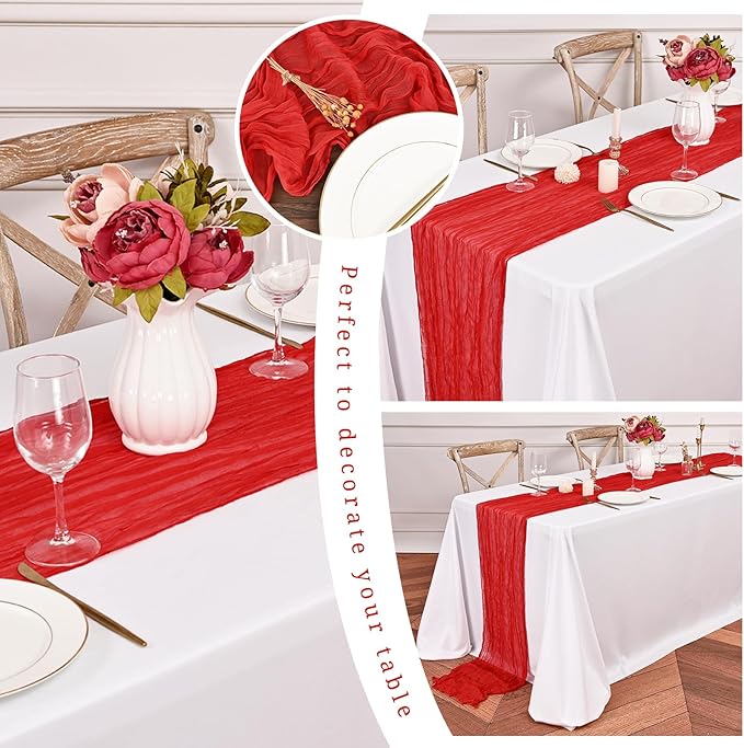 12 Pack Red Cheesecloth Table Runner,10FT Gauze Boho Table Runner 20x120inch Rustic Sheer Cheese Cloth Table Runner for Wedding Party Bridal Shower Table Thanksgiving Christmas Decoration