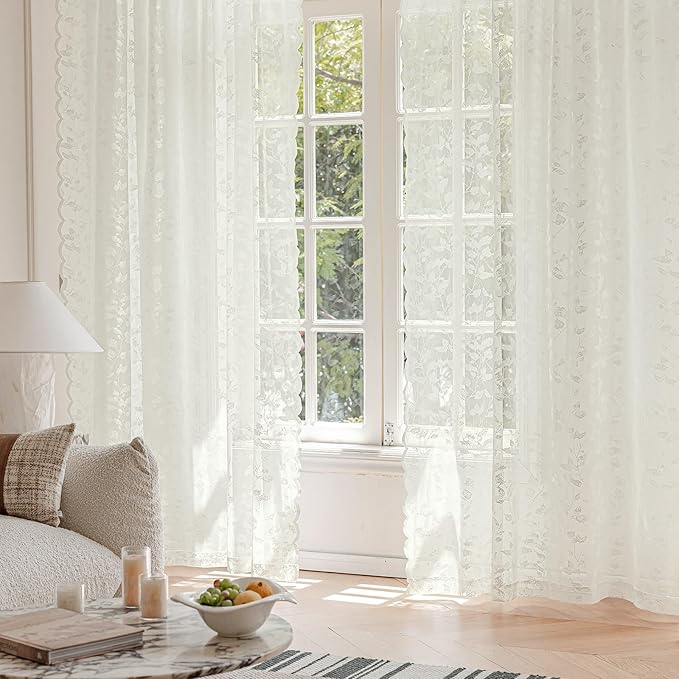96-Inch Ivory Lace Sheer Curtains – Vintage Leaves Pattern Lace for Bedroom/Living Room, Light Filtering Rod Pocket Drapes, Privacy Chic Window Treatments, 52W x 96L Inch, 2-Panel Set