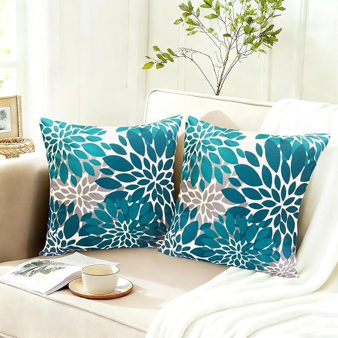 Decorative Throw Pillow Covers Set of 2 Teal Blue Pillow Covers 16x16 Inch Couch Pillow Covers for Sofa Living Room Outdoor Throw Pillow Cover Linen Square Floral Flower Farmhouse Pillowcase