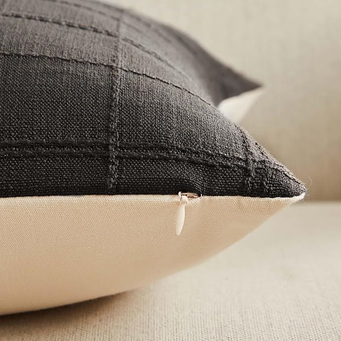 ZeeMart Linen Checked Throw Pillow Covers Set of 2, 16x16 Inch Charcoal/Cream, Farmhouse Decorative Single Sided Grid Embroidered Couch Pillow Cases Dark Grey Cotton Linen Cushion Covers