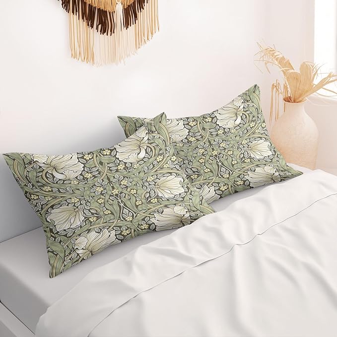 Green Botanical Pillow Protectors with Zipper Standard Size William Morris Floral Print Pillow Covers Set of 2 Vintage Rustic Nature Flowers Pillow Cases Midcentury Modern Bed Pillow Covers 20"x36"