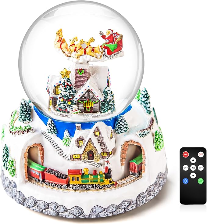Musical Rotating Santa Claus Flying Over Village,Automatic Snowfall,Train, Christmas Snow Globe Music Box Gifts, for Women Wife Mom Girlfriend Daughter, Xmas Present,Plays 48 Classic Christmas Carols