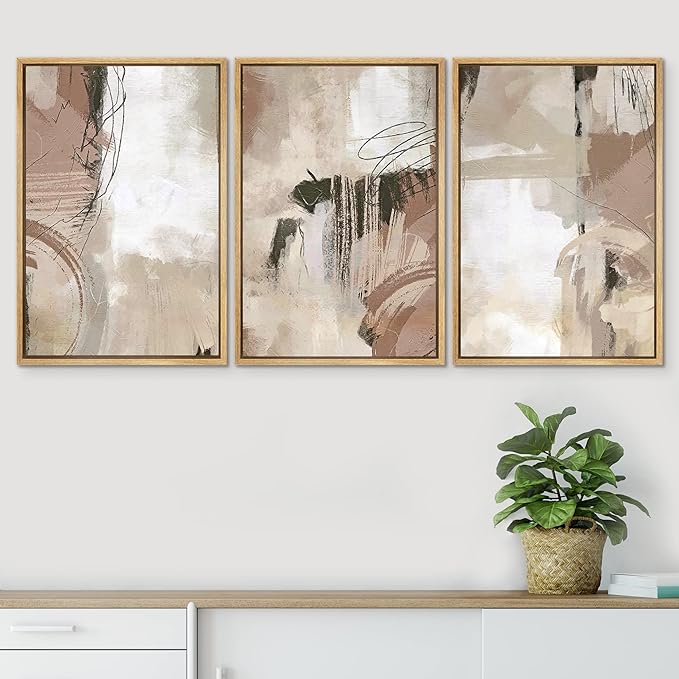 SIGNWIN Framed Canvas Print Wall Art Set Brown Pastel Watercolor Paint Strokes Shapes Abstract Illustrations Modern Art Decorative Nordic Calm/Zen for Living Room, Bedroom, Office - 24"x36"x3 Natural