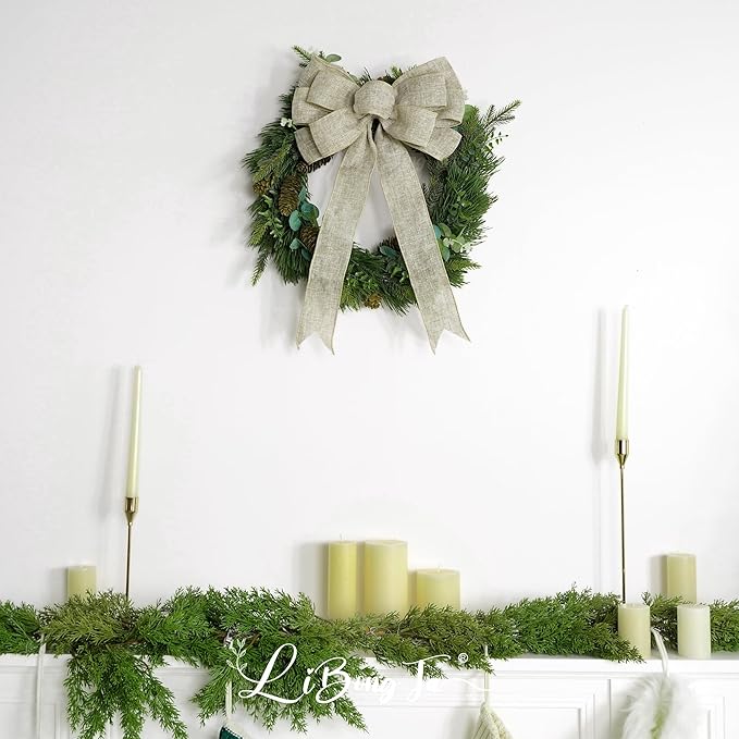13" Burlap Wired Ribbon Bow Christmas Tree Topper Bow, Rustic Bow Party Decorations, Premade Bows with Twist Tie, Large Gift Bow for Outdoor Wreath, Wedding, Holiday, Birthday-1 PCs
