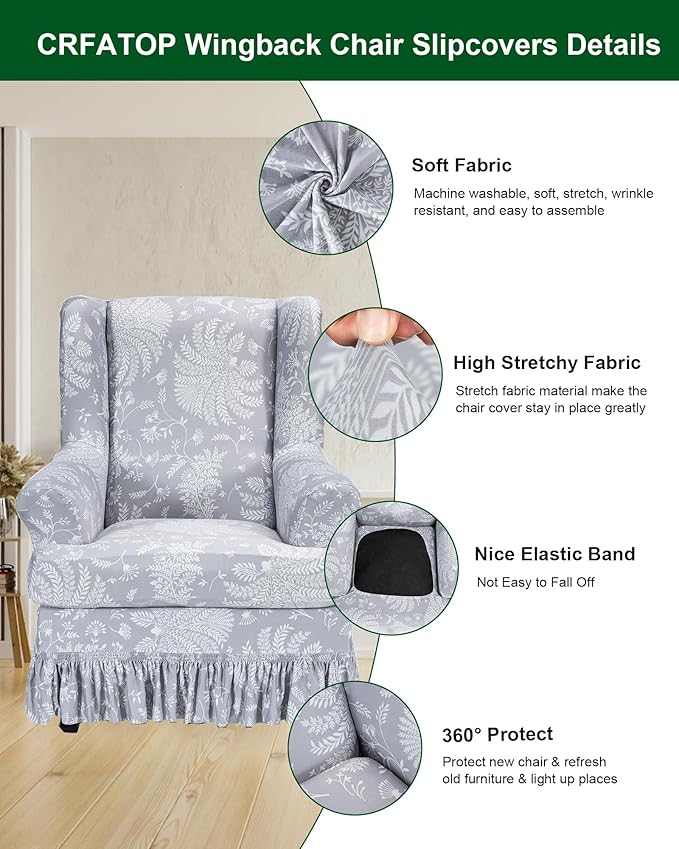 CRFATOP 2 Piece Stretch Wingback Chair Cover with Skirt Printed Wing Chair Slipcovers Spandex Fabric Wingback Armchair Covers with Cushion Slipcover for Living Room Bedroom Wingback Chair,C05
