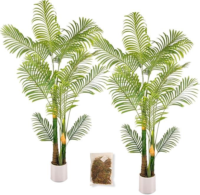 Artificial Fake Palm Tree 6FT 2Pack with White Planter & Free Moss, UV Resistant Artificial Palm Tree for Outdoors, Fake Plants for Poolside Home Room Decor, Faux Plants Outdoor Decor