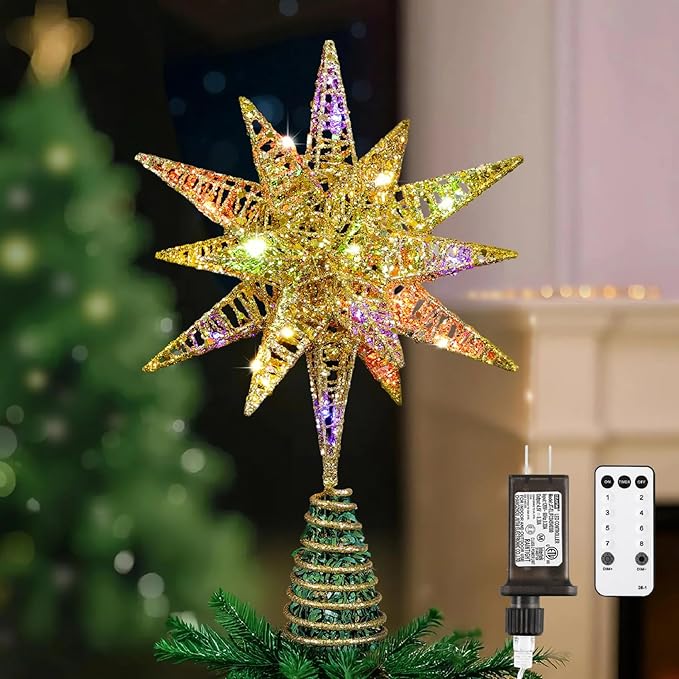 Lewondr Christmas Tree Topper, Plug in 3D Starburst Xmas Lighted Star Tree Topper, Remote Control & Timer Light Up Vintage Moravian Tree Topper for Christmas Decoraiton, Colorful Light, Gold