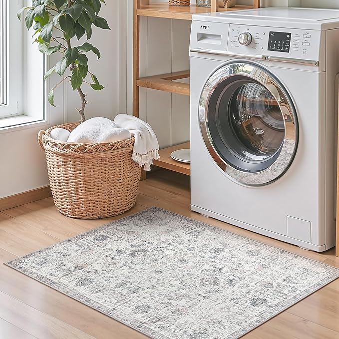 jinchan Kalen Area Rug 2x3 Washable Entryway Rug Vintage Doormat Indoor Entrance Lightweight Thin Retro Distressed Door Mat Floral Print Gray Country Boho Non Slip Carpet for Bathroom Bedroom Grey