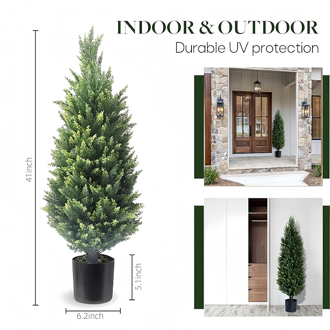 Artificial Cedar Topiary Trees, Set of 2 Lifelike Faux Pruned Cypress with Heavy-Duty Planters – UV-Resistant Outdoor Artificial Shrubs for Indoor/Outdoor Decor (40 Inches)