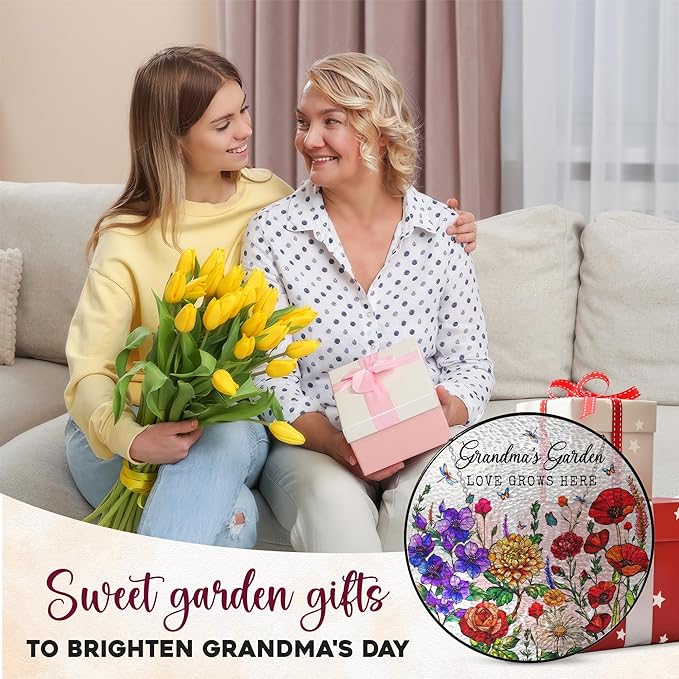 FLAGWIX Grandma Christmas Birthday Gifts - Grandmas Garden Stained Glass Window Hanging with Base 10 in - Birthday Gift for Grandma, Grandparents Day Gifts for Nana Gigi, Sun Catchers Indoor Window