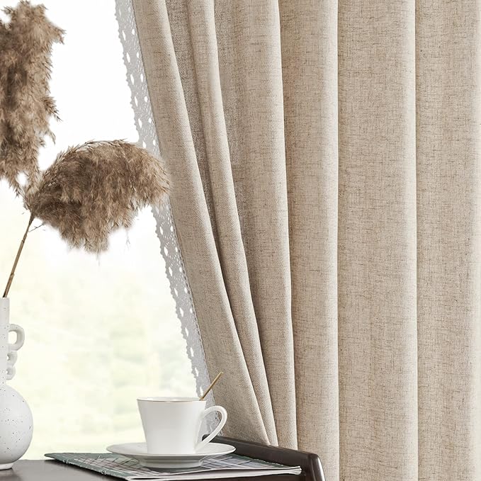 jinchan Linen Curtains for Living Room Bedroom Light Filtering Semi Sheer Curtains Boho Farmhouse French Country Cottage Core Decor Window Drapes Back Tab 84 Inch Length Laced Taupe