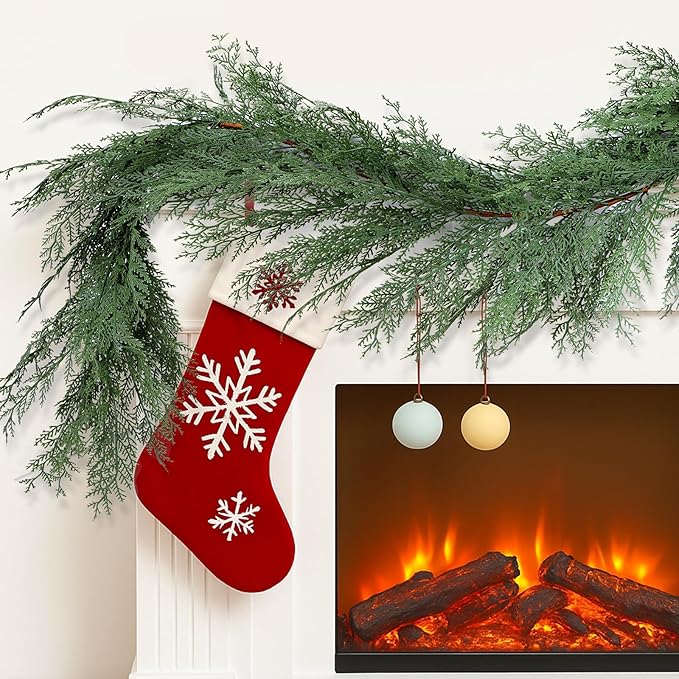 Artificial Cedar Christmas Garland Real Touch Realistic Soft and Thickness Garland Faux Full Greenery Holiday Garland for Mantel Fireplace Front Door Indoor Outdoor Xmas Decor (6FT-Deluxe Cedar)