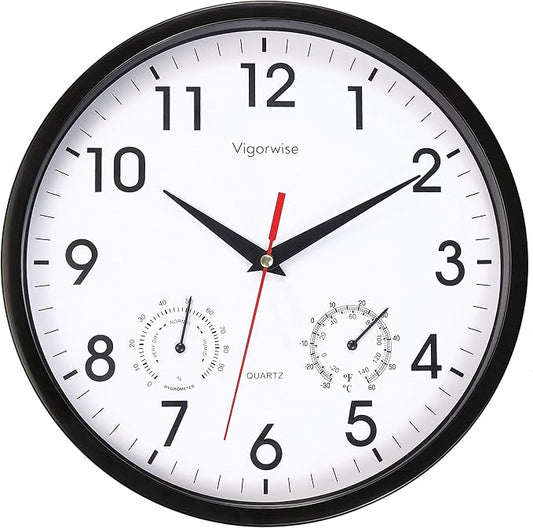 Wall Clock, Sweep Silent Movement Accurate Clocks with Temperature & Humidity, Decorative for Kitchen/Living Room/Bedroom/Office/School/Classroom (Black, 10 inch)