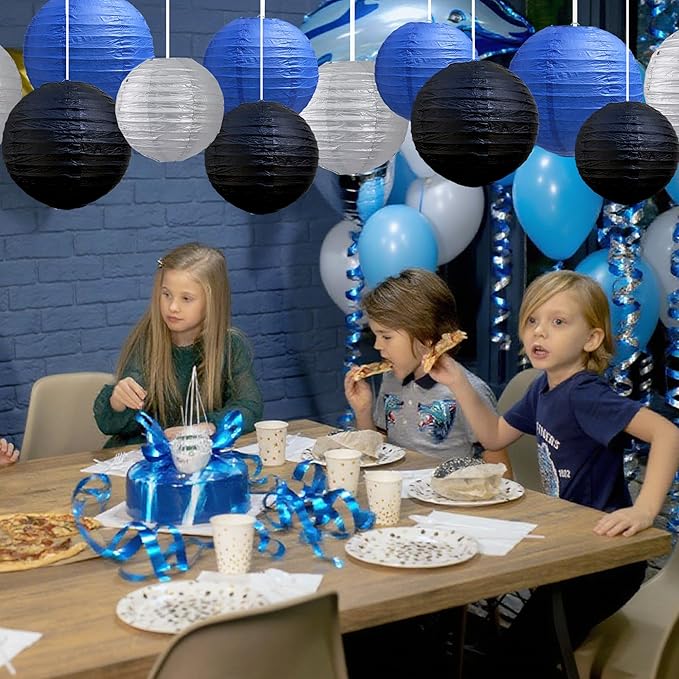 BEISHIDA Blue Black Silver Round Paper Lanterns Decorative Hanging Asia Chinese Japanese Paper Lanterns Lamp for Birthday Graduation Baby Shower Wedding Home Decor Outdoor Party Decoration(12Packs)