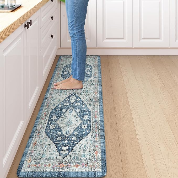 Collive Boho Kitchen Floor Mats, Cushioned Anti Fatigue Kitchen Runner Rugs, Comfort Non Slip Standing Mats for Floor, Laundry, Office, Sink, 17.3''x59'' Dark Blue