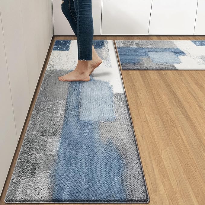 Arttown Blue Anti-Fatigue Kitchen Rug Set of 2 Navy Blue Grey Abstract Cushioned Floor Mat, Standing Waterproof Non-Slip Kitchen Mat and PVC Ergonomic Comfort Foam Rug