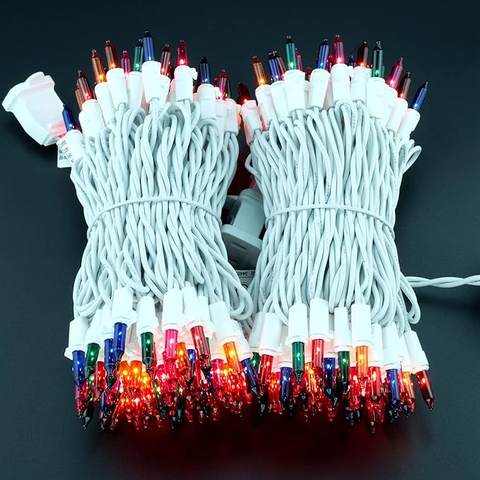 YULETIME 200 Multicolor Christmas Lights, Pack of 2 Sets 33 Feet 100 Count UL Certified Incandescent String Lights (Multicolor - White Wire)