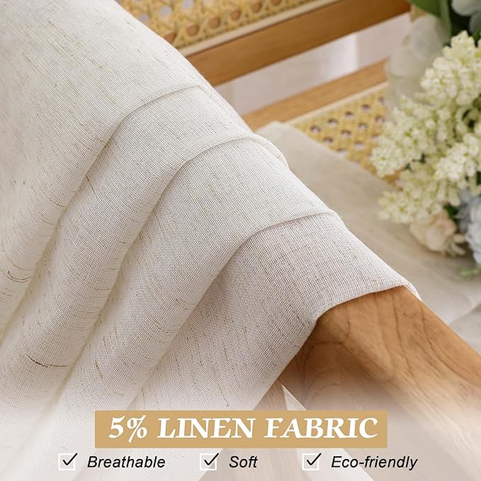 Lecloud Sheer Curtains 72 Inches Long 2 Panels Set, Linen Textured Natural Curtain Drapes for Living Room Bedroom, Farmhouse Gauzy Window Treatments with Dual Rod Pocket, Each Panel 42" W x 72" L