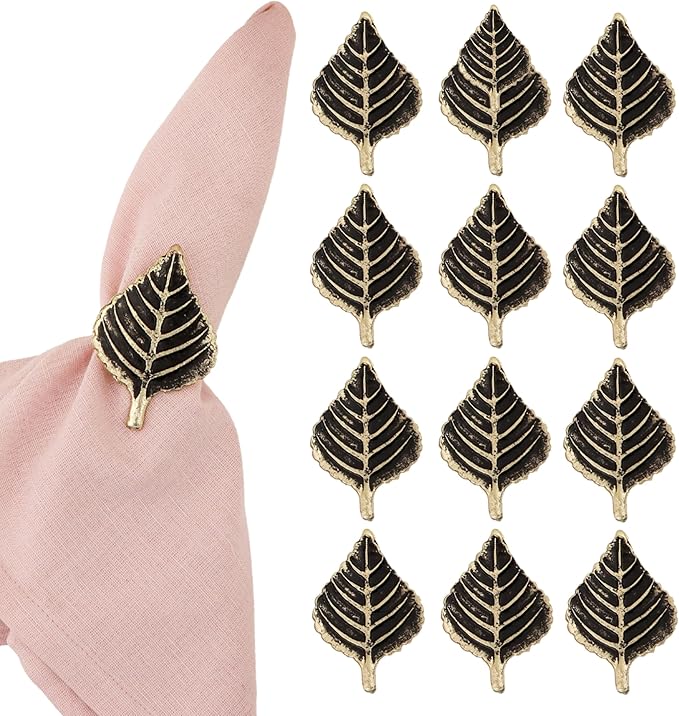 ALPHA Living HOME Set of 12 Napkin Rings for Farmhouse Decor Premium Metal Leaf Dinnerware Napkin Holders Thanksgiving, Christmas, and Easter Table Setting (Antique Gold)