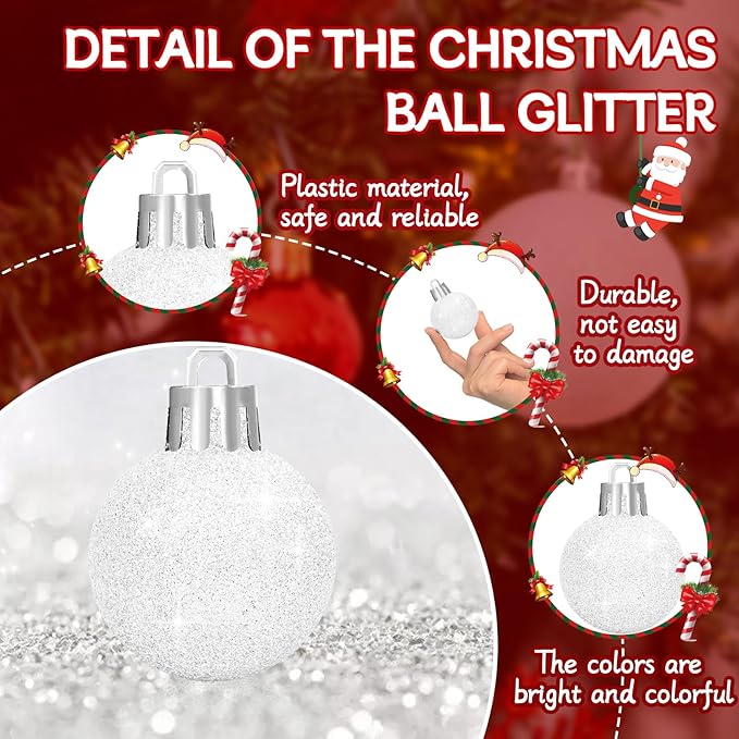 36Pcs 1.6Inch Christmas Balls Christmas Tree Decoration Ornaments Shatterproof Glitter Christmas Hanging Balls for Christmas Tree Party Wedding Indoor Outdoor Decoration(White, 1.6inch-36pcs)
