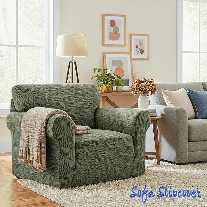 YEMYHOM 1 Piece Stretch Chair Sofa Slipcovers Couch Covers for 1 Seat, Jacquard Armchair Covers with Non-Slip Elastic Bottom, Thickened Furniture Protector for Dogs Pets kids (Small, Army Green）