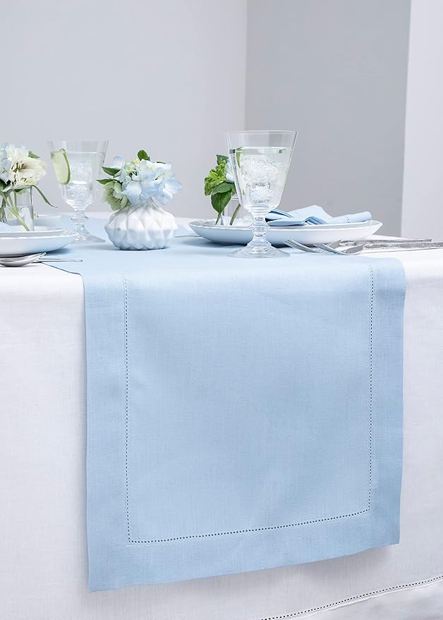 Solino Home Linen Sky Blue Table Runner 60 Inches - Classic Hemstitch, 100% Pure Linen Coffee Table Runner 14 x 60 Inch Ideal for Dresser Tables - Spring, Easter