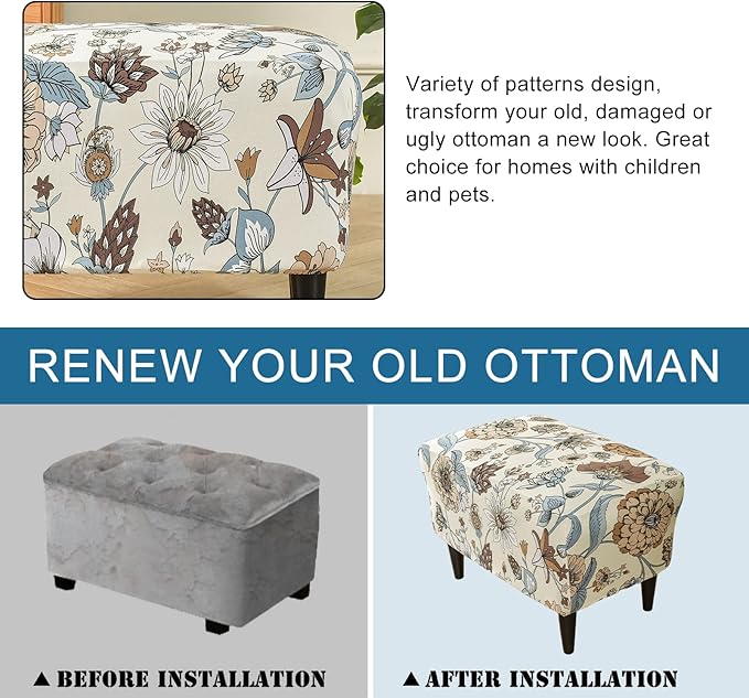 KRFOONN Ottoman Slipcovers Stretch Rectangle Footrest Stool Covers Printed Ottoman Cover for Foot Stool Furniture Protector with Non Slip Elastic Bottom(06, X-Large)