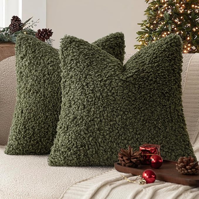 Foindtower 2 Pieces 22x22 Inch Olive Green, Faux Fur Throw Pillow Cover Accent Sherpa Furry Pillow Covers Fuzzy Soft Pillowcases Cozy Sheepskin Decorative Fleece Cushion Case for Bed Couch Living Room
