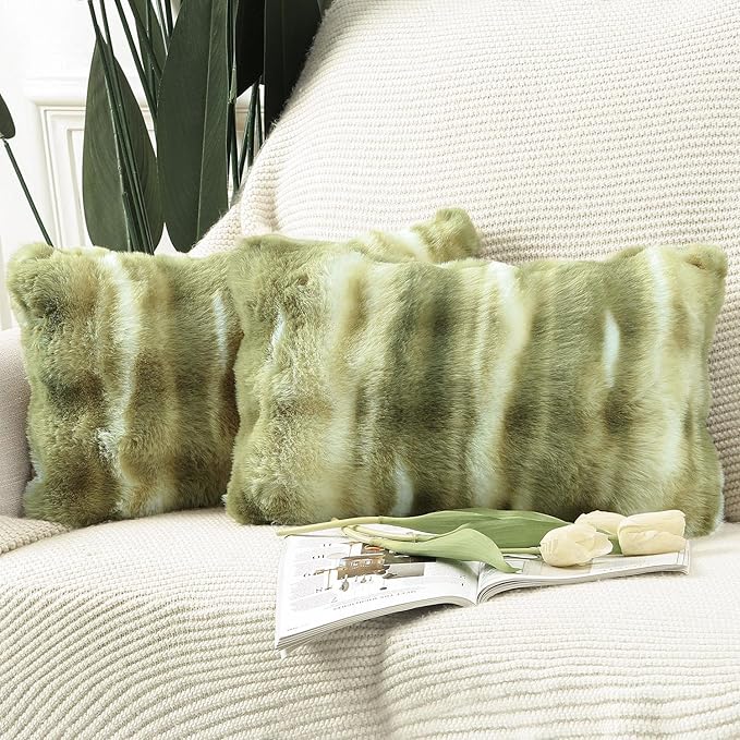 MADIZZ Pack of 2 Thick Plush Wool Throw Pillow Covers 12x20 Inch Green Soft Neutral Decorative Throw Pillows Accent Boho Cushion Covers for Couch Sofa Bedroom Pillow Shell