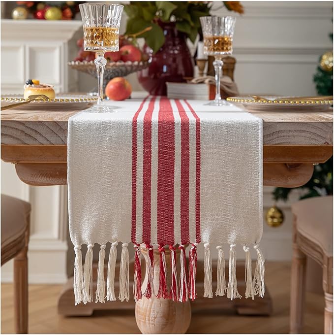 Christmas Valentines Table Runner 13 x 72 Inch for Dining Table, Boho Valentine's Day Decorations, Coffee Table Runner with Handcrafted Tassels, red and Beige Stripe Table Runner for Holiday, Winter