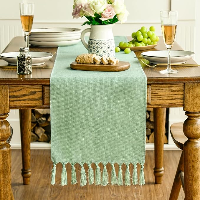 Artoid Mode Sage Green Tassel Table Runner, Spring Linen Blend Rustic Farmhouse Style Kitchen Table Decoration Holiday Wedding Party Dinning Decor 13x48 Inch