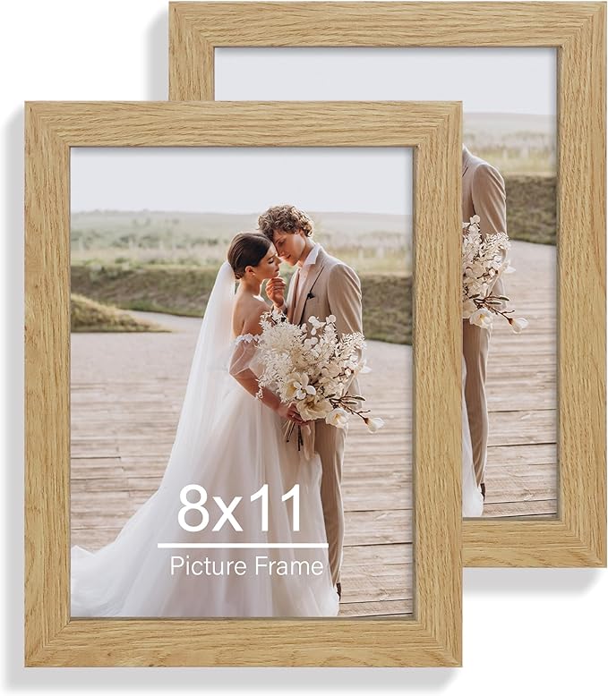 8x11 Picture Frame Set of 2, Made of Real Glass and Natural Oak Wooden Frame - 8 by 11 Photo for Wall or Tabletop Display