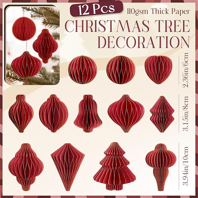 12Pcs Red Paper Christmas Party Decorations, 3D Honeycomb Paper Hanging Ornaments with Glitter, Finial Honeycomb Lantern Burgundy Ornaments for Christmas Trees Winter Wonderland Party