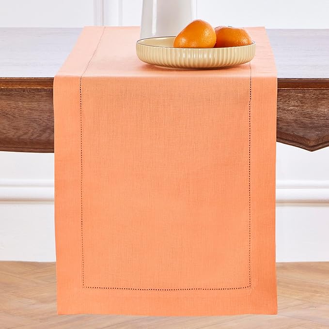 Solino Home Linen Coral Hemstitch Table Runner 60 Inches - 100% Pure Linen Small Table Runner 14 x 60 Inch Ideal for Dresser and Coffee Tables, Valentines, Spring, Easter - Classic Hemstitch