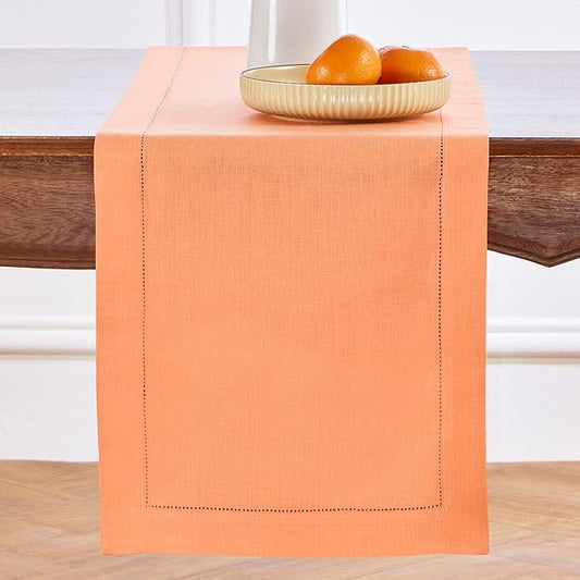 Solino Home Linen Coral Hemstitch Table Runner 36 Inches - 100% Pure Linen Small Table Runner 14 x 36 Inch Ideal for Dresser and Coffee Tables, Valentines, Spring, Easter - Classic Hemstitch