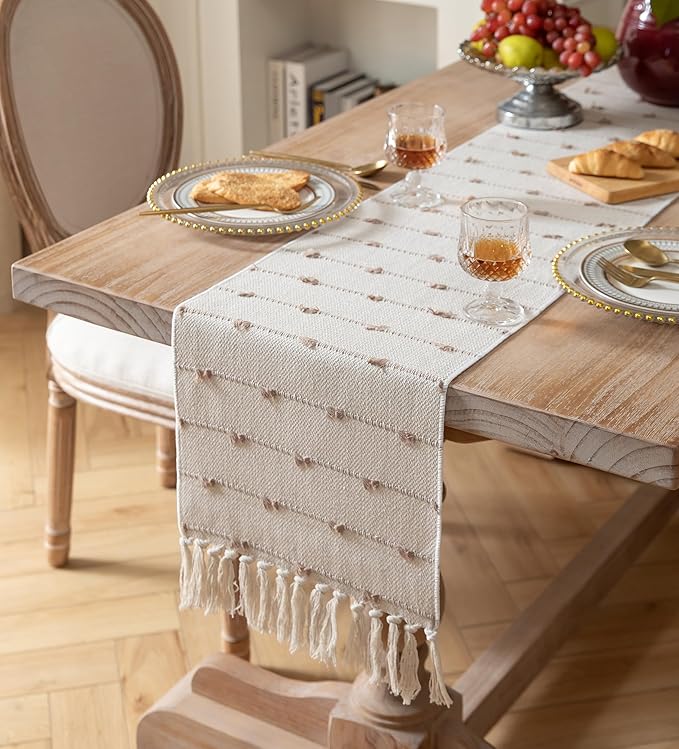 Caflife Boho Table Runner 72 Inchs Long for Modern Farmhouse Room Home Decor, Taupe and Beige Coffee Table Runner, Natural Cotton Woven with Tassels Neutral, for Kitchen Dining Table Decor