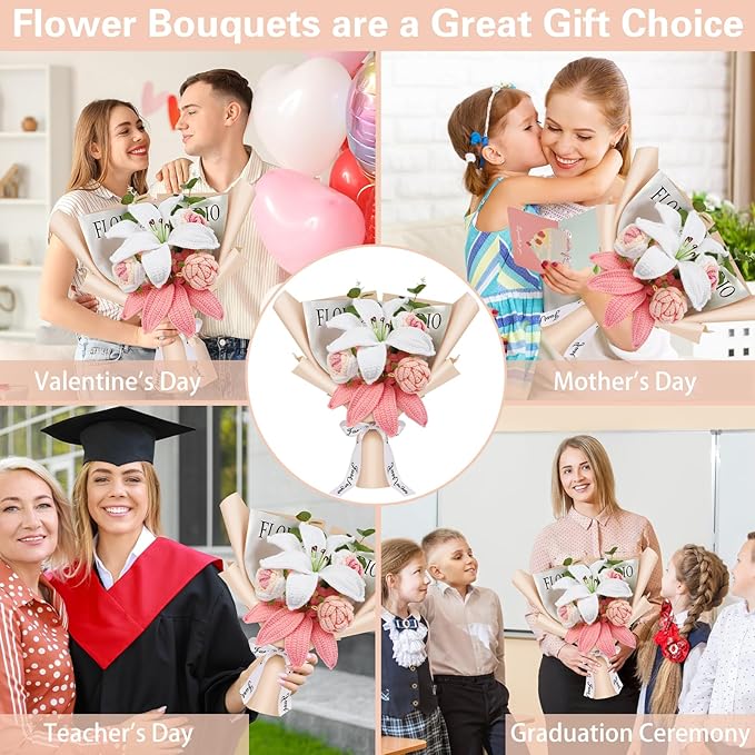 Crochet Flowers Crochet Flower Bouquet with Greeting Card Finished Crocheted Flowers Handmade Roses & Lily Bouquet for Mother's Day Valentines Day Birthday Graduation Gift Home Decor (Sakura Pink)