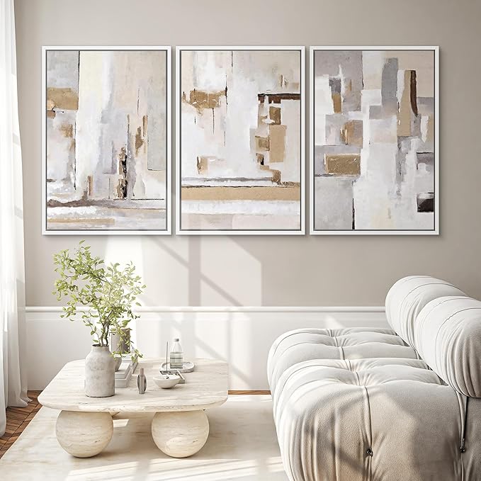 SIGNWIN Framed Canvas Print Wall Art Set Abstract Geometric Neutral Beige and White Illustrations Modern Art Decorative Rustic Calm/Zen for Living Room, Bedroom, Office - 24"x36"x3 White