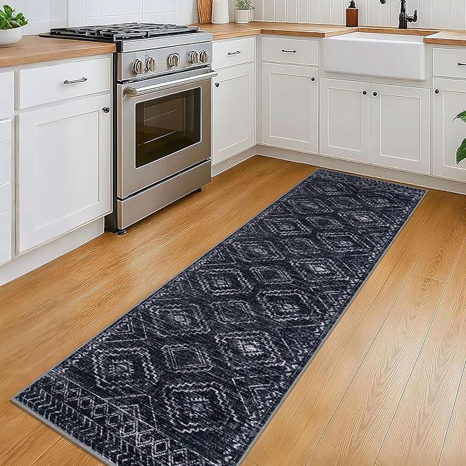 KILOCOCO Boho Kitchen Runner Rug 2x6 Washable Runner Rug, Soft Runners for Hallways Non Slip Printed Distressed Laundry Room Rug, Low-Pile Rug for Entryway/Bedroom/Living Room, Black/Navy