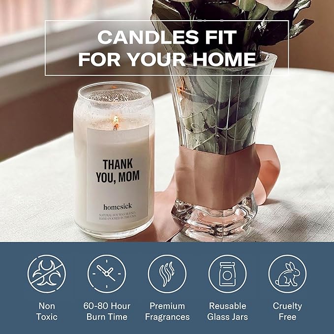 Homesick Thank You Mom Candle – 13.75 oz Scented Candle in Sage Sandalwood Soy Wax Blend, Non-Toxic, 80 Hr Burn with Organic Cotton Wick, Reusable Jar – Best Wedding & Engagement Gifts for Couples