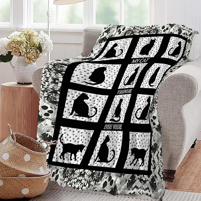Black Cat Blanket Cat Paw Decor Throw Blanket Super Warm Soft Plush Lightweight Fleece Flannel Black and White Blanket Gifts for Girls Baby Kids Women Boys for Winter Couch Bedding 60"X80"