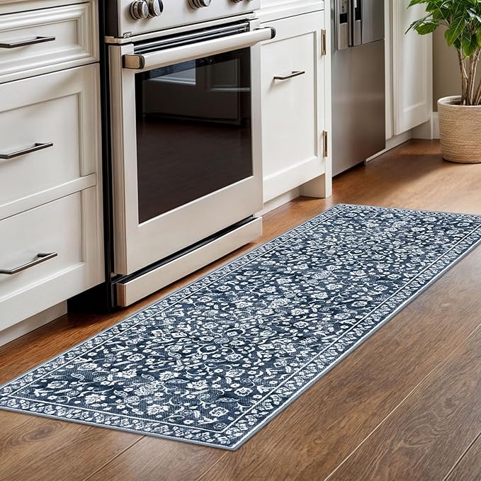Vintage Washable Runner Rug 2x6, Navy Runners for hallways, Super Soft Kitchen Runner Rug Non Slip, Printed Faux Wool Floral Thin Carpet Runner for Entryway Laundry Room Bedroom