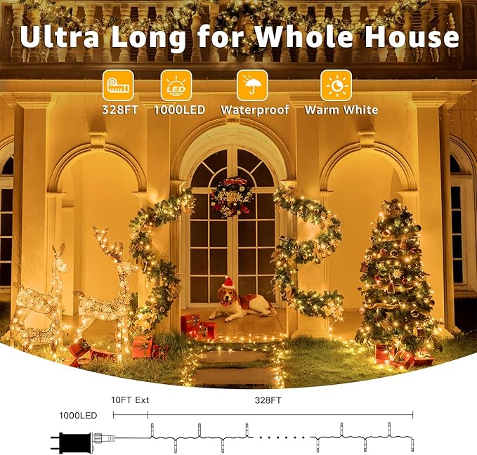 328FT 1000 LED Christmas Lights Outdoor Waterproof, Timer & Memory Function, 8 Modes Warm White String Lights Plug in Twinkle Lights for Xmas Tree Holiday Garden Party Decor