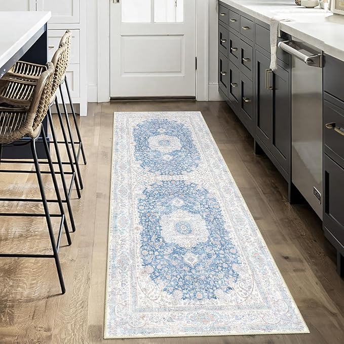 Washable Runner Rug 2x6,Blue Rug Runners Non Slip,Long Boho Rugs for Hallways Kitchen Bedroom Entryway Living Room Bathroom,Vintage Bohemian Distressed Floor Carpet,Floral