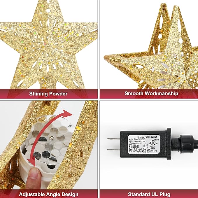 Christmas Tree Topper Lighted with 6 Pattern Projection Modes, Christmas Star Tree Topper Built-in LED Rotating Lights, Gold 3D Glitter Dynamic Projector for Christmas Decorations