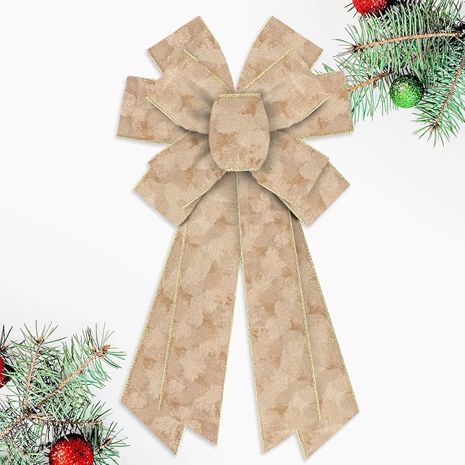 Luxury Beige Velvet with Gold Trim Christmas Wreath Bow - Extra Large Christmas Decor for Front Doors, Holiday Trees & Festive Indoor Outdoor Decorations, 11.42x20.87 Inch