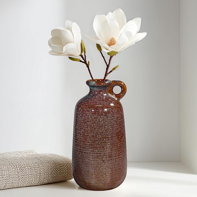 Sunddo Brown Ceramic Vase for Home Decor-10 Inch Rustic Decorative Vase with Handle, Mantle, Fireplace, Coffee Table, Shelf for Living Room