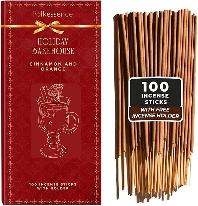 Folkulture Incense Sticks- Set of 100 with Holder |Christmas Incense Stick for Meditation, Spiritual, Cleanse to Negative Energy | Cinnamon, Orange Insence-Sticks for Aromatherapy, Gifts for Women