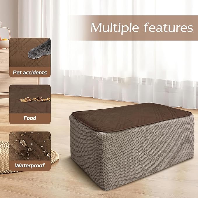 MEHIDFY Ottoman Cover, Waterproof Square Stool Slipcover, Quilted Stretch Furniture Protector, 28-32 Inches, Machine Washable (Brown, Large)