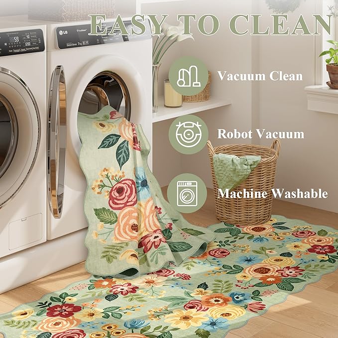 DUKINO 2x4 Washable Runner Rugs, Non Slip Floral Print Entryway Rug with Soft Low Pile, Lightweight Mat for Living Room, Bathroom, Bedroom, Kitchen, Green